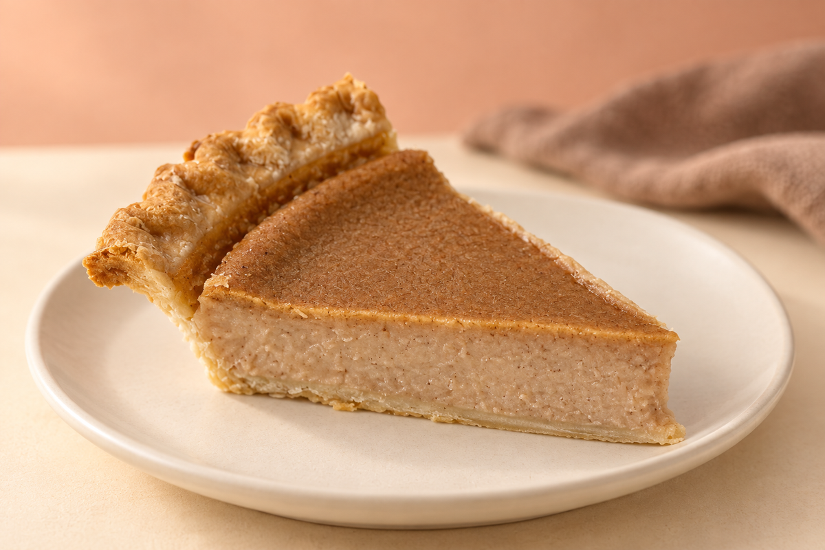 A close-up of creamy bean pie filling and golden crust